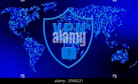 Logo bleu VPN dans le bouclier avec cadenas sur la carte du monde sur fond de mosaïque en bleu - concept de cyber sécurité Du réseau privé virtuel Banque D'Images