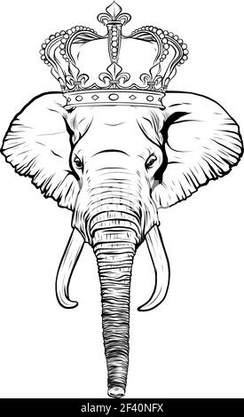 dessinez en noir et blanc de l'éléphant de tête avec la couronne illustration vectorielle Illustration de Vecteur