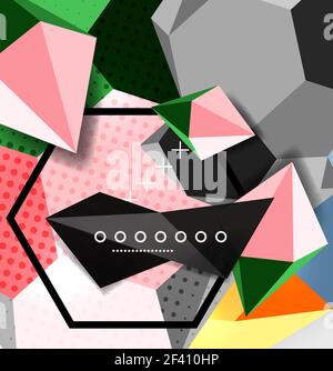 Affiche de composition géométrique 3D couleur. Affiche de composition géométrique 3D couleur. Illustration vectorielle de triangles colorés, pyramides, hexagones et autres formes sur fond gris Illustration de Vecteur