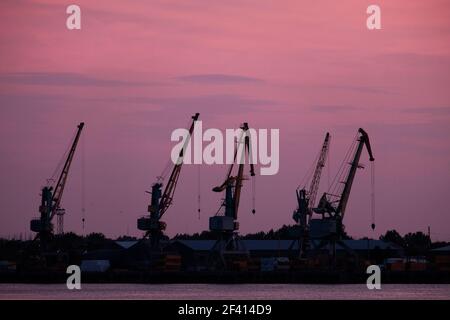 Silhouettes des grues du quai devant le ciel du coucher du soleil. Débarcadère de Cranes devant Sunset Sky Banque D'Images