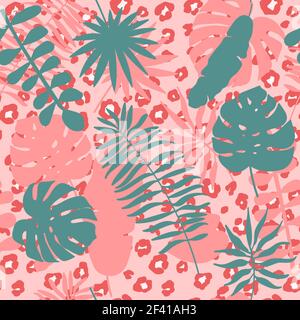 Motif vectoriel tendance sans coutures à partir de feuilles tropicales sur un imprimé léopard arrière-plan Banque D'Images