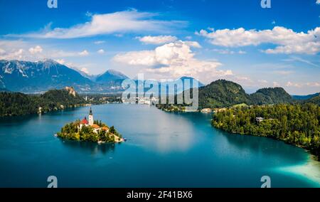 Slovénie - vue aérienne resort Lake Bled. Banque D'Images