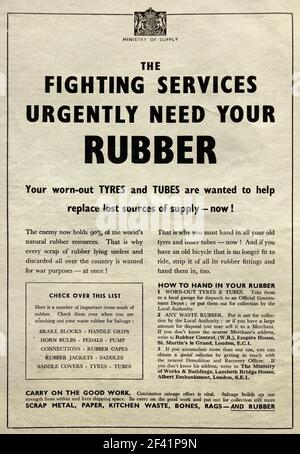 Vintage 1942 avis de guerre encourageant les cyclistes à économiser et recycler le caoutchouc, du ministère des Approvisionnements. Banque D'Images