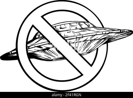 dessinez en noir et blanc du vaisseau spatial avec le symbole de illustration du vecteur de ban Illustration de Vecteur