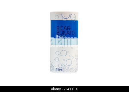 Récipient espagnol de bicarbonate de soude - bicarbonate de sodium avec le Texte en espagnol 'Bicarbonato Sodico' qui signifie bicarbonate de soude Banque D'Images