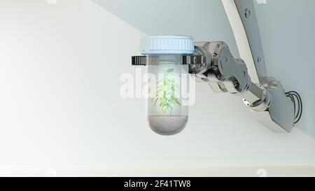 bras robotisé maintenant la capsule avec la plante. rendu 3d Banque D'Images