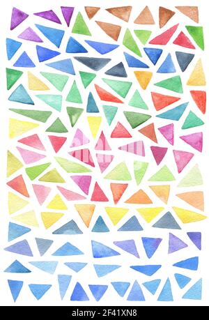 Ensemble de triangles aquarelle lumineuse isolé sur un fond blanc. Résumé dessiné à la main des éléments de conception de décoration. Banque D'Images