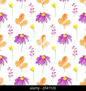 Automne aquarelle transparente avec motif floral orange feuilles et fleurs Daisy. Hand drawn nature background Banque D'Images