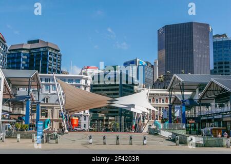 Vue sur la ville Wellington, capitale de la Nouvelle-Zélande, près du point le plus au sud de l’île du Nord sur le détroit de Cook Banque D'Images