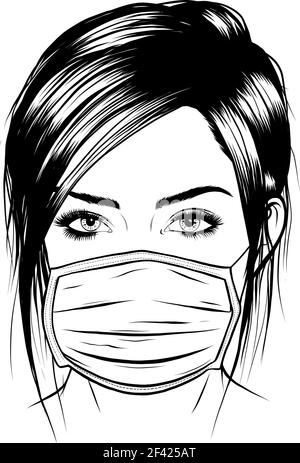 dessiner en noir et blanc de la fille avec un masque chirurgical médical. Illustration vectorielle Illustration de Vecteur