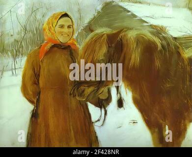 Valentin Serov - dans le village paysan femme avec cheval 1898 Banque D'Images