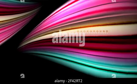 Lignes ondulées abstraites rayures de couleur fluide. Lignes d'ondes abstraites bandes de couleur fluide sur fond noir. Illustration artistique vectorielle pour la présentation, le papier peint de l'application, la bannière ou l'affiche Illustration de Vecteur