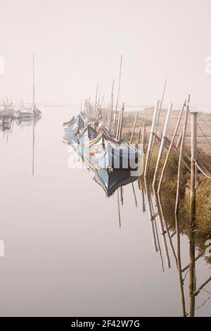 Ria de Aveiro, Portugal - 4 octobre 2011 : bateaux traditionnels de la Ria de Aveiro amarrés sur l'un de ses canaux par une journée brumeuse mais ensoleillée. Banque D'Images