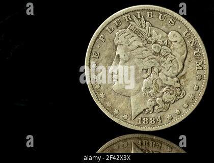 1884 Morgan Silver Dollar contre fond noir avec réflexion Banque D'Images