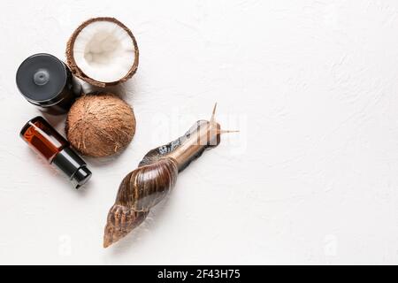 Escargot géant Achatina et cosmétiques sur fond blanc Banque D'Images