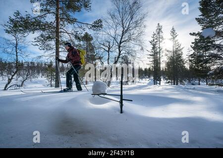 Ski de randonnée dans le parc national d'Urho Kekkonen, Sodankylä, Laponie, Finlande Banque D'Images
