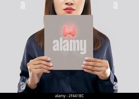illustration de la thyroïde dans le papier gris est sur le cou de la femme. Contrôle de la glande thyroïde femelle. Mal de gorge d'une personne contre un dos gris clair Banque D'Images