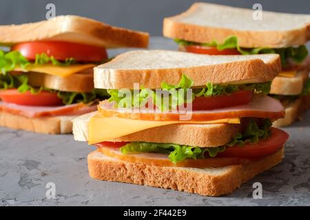 Trois délicieux sandwiches sur fond gris Banque D'Images