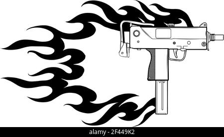Dessinez en noir et blanc de l'illustration vectorielle d'un arme uzi aux flammes Illustration de Vecteur