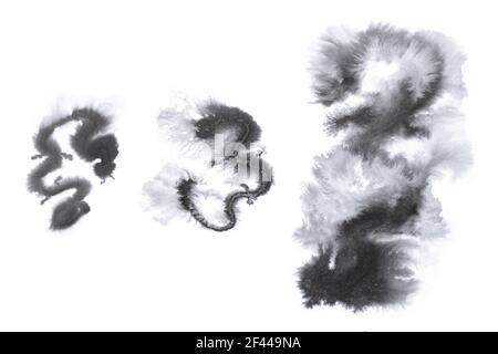 Silhouette de dragon asiatique peint sur fond blanc, illustration japonaise à l'encre noire naturelle, aquarelle, art abstrait vague Banque D'Images
