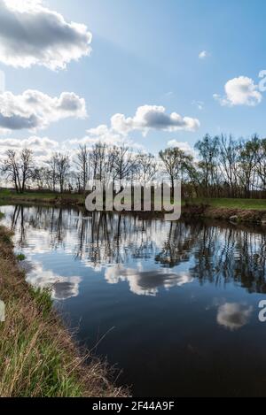 Rivière avec arbres et ciel avec des nuages qui se reflètent sur le sol aquatique - rivière Olse dans la ville de Karvina en République tchèque pendant belle journée de printemps Banque D'Images