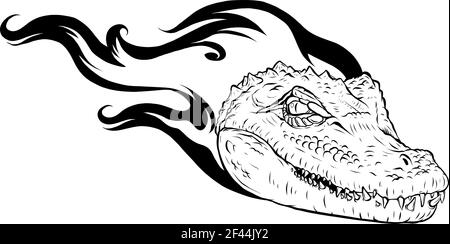 Dessinez en noir et blanc de l'illustration Vector, une tête d'alligator féroce aux flammes Illustration de Vecteur