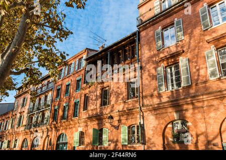 Façades de maisons le long du Quai de la Daurade, à Toulouse, dans la haute-Garonne, en Occitanie, France Banque D'Images