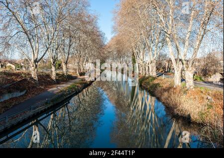 Canal du midi en hiver en Occitanie, France Banque D'Images