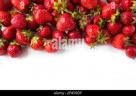 Fraises sur fond blanc. Gros plan sur les baies mûres. Fraises au bord de l'image avec espace de copie. Vue de dessus. Fond de baies rouges. Backgro Banque D'Images