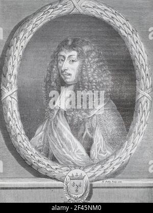 Louis de Bourbon, ou Louis III, Prince de Condé. Gravure de 1660. Louis de Bourbon, ou Louis III, prince de Condé (1668 - 1710), était un prince du sang comme membre de la Maison régnante de Bourbon à la cour française de Louis XIV Né en 1709, il succéda à son père comme prince de Condé, mais il était encore connu sous le titre ducal. Il a été prince pendant moins d'un an. Banque D'Images