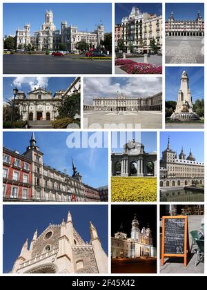 Madrid, Espagne photos de voyage collage. Le collage comprend des sites importants comme la Plaza Mayor, la place Cibeles, la cathédrale et le parc Retiro. Banque D'Images