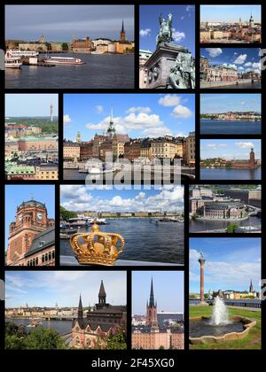 Stockholm, Suède collage de photos de voyage. Le collage comprend des sites importants comme Gamla Stan (vieille ville), l'île de Sodermalm et l'hôtel de ville. Banque D'Images