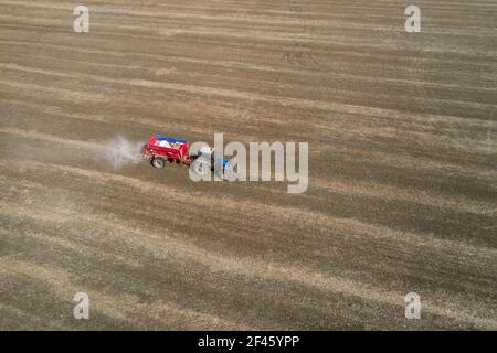 L'épandage des engrais artificiels du tracteur dans le champ Banque D'Images