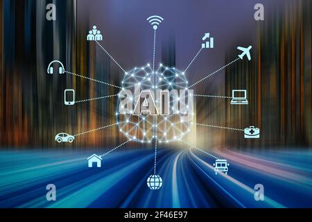 Intelligence artificielle et technologie de l'Internet des objets sur train surélevé Les chenilles s'exécutent au-dessus des chenilles en direction de New York citysca Banque D'Images