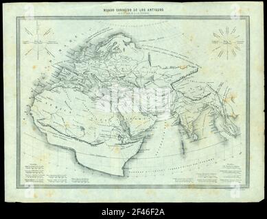 Mapa físico-político del Mundo conocido de los antiguos en el segundo siglo de la era cristiana. Grabado de 1870. Banque D'Images