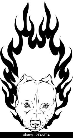 Dessiner en noir et blanc de la tête de Bull Dog Avec vecteur de flamme Illustration de Vecteur