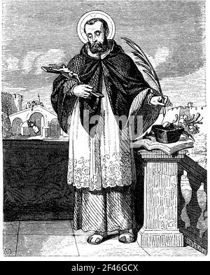 San Juan Nepomuceno (1340-1393), patrón de Bohême. Confesor de Sofía de Baviera, se negó a romper el secreto de confesión causaldo la ira del rey Venceslao IV de Bohemia; fue el primer santo en recibir martirio por ese motivo. Grabado de 1852. Banque D'Images