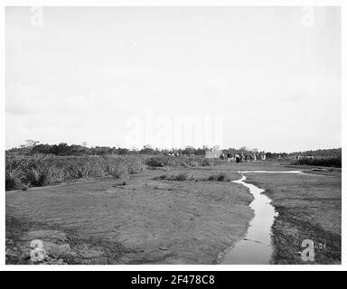 Les touristes courent sur l'asphalte du lac Pitch sur Trinidad Banque D'Images