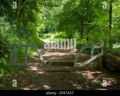 Une porte traversant une passerelle publique dans une forêt conçue pour empêcher l'accès aux véhicules automobiles mais permettre aux chevaux de traverser. Wrington, North Somerset, Angleterre. Banque D'Images