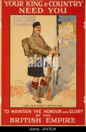 Une première affiche de recrutement de la guerre mondiale disant votre Roi et Le pays a besoin de vous Banque D'Images