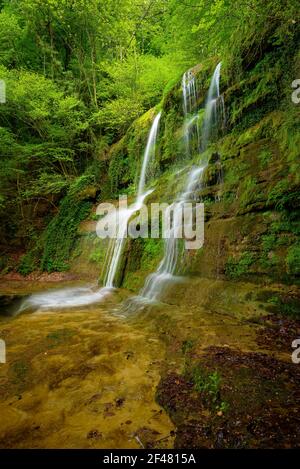 Sallent del Grau Cascade, à proximité du chemin historique entre Vic et Olot (Garrotxa, Catalogne, Espagne) Banque D'Images