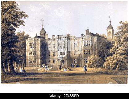 Un lithotint de Charlton House, Kent (Greenwich) UK scanné à haute résolution à partir d'un livre imprimé en 1858. Je pensais libre de droits d'auteur. Banque D'Images