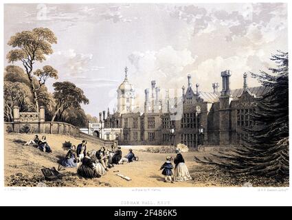 Lithotint de Cobham Hall, Kent UK, scanné à haute résolution à partir d'un livre imprimé en 1858. Cette image est censée être libre de tout copyrigh historique Banque D'Images