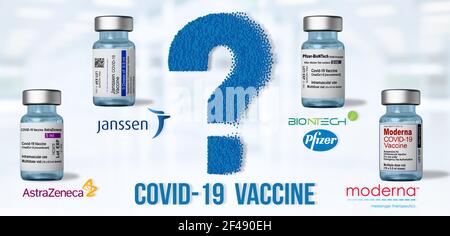 Marseille, France - Mars 16, 2021: Quel vaccin Covid-19 choisir - choix avec point d'interrogation et flacon de vaccin - conception de bannière avec espace de copie Banque D'Images