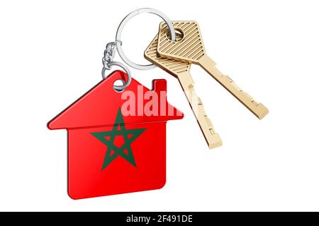 Immobilier au Maroc. Porte-clés maison avec drapeau marocain. Concept de propriété, de loyer ou d'hypothèque. Rendu 3D isolé sur fond blanc Banque D'Images