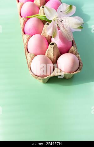 Lumière naturelle et ombre. Concept de Pâques minimal. Éléments de Pâques, boîte en papier avec œufs dans les couleurs roses et fleur sur fond vert pastel. Station santé Copy Banque D'Images