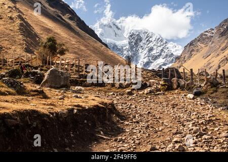Marche à travers une vallée ouverte le long de la Salkantay Trail sur le chemin de Machu Picchu, Pérou Banque D'Images