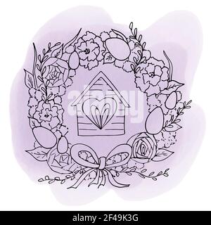 Gravure de Pâques couronne de fleurs décorée d'œufs peints, ruban et maison avec une fenêtre. Illustration vectorielle dans le style de dessin au trait Illustration de Vecteur