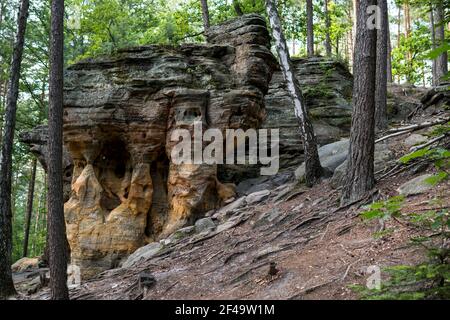 formation de champignons rocheux à partir de grès à l'intérieur d'une forêt Pendant la saison d'été dans la réserve naturelle piékielko en Pologne Banque D'Images
