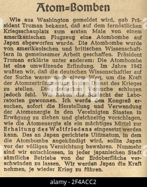 Article de presse « bombes atomiques » (compensation de bombes atomiques sur Hiroshima et Nagasaki les 6 et 9 août 1945) Banque D'Images